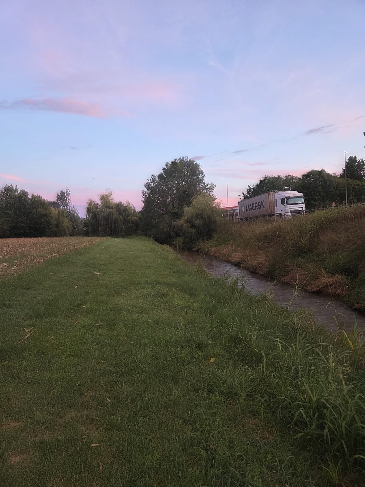 Il tratto che costeggia la strada, col cielo che virava al rosa